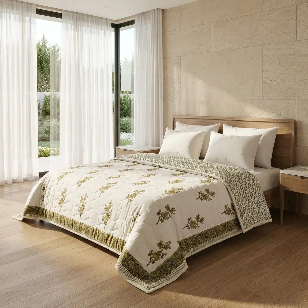 Cream & Mustard Yellow Olive Floral Jaipur Indian Hand Block Print Quilted Comforter