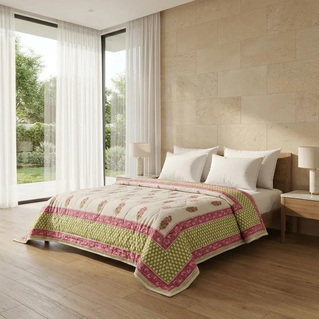 Cream & Deep Rose Floral Jaipur Indian Hand Block Print Quilted Comforter