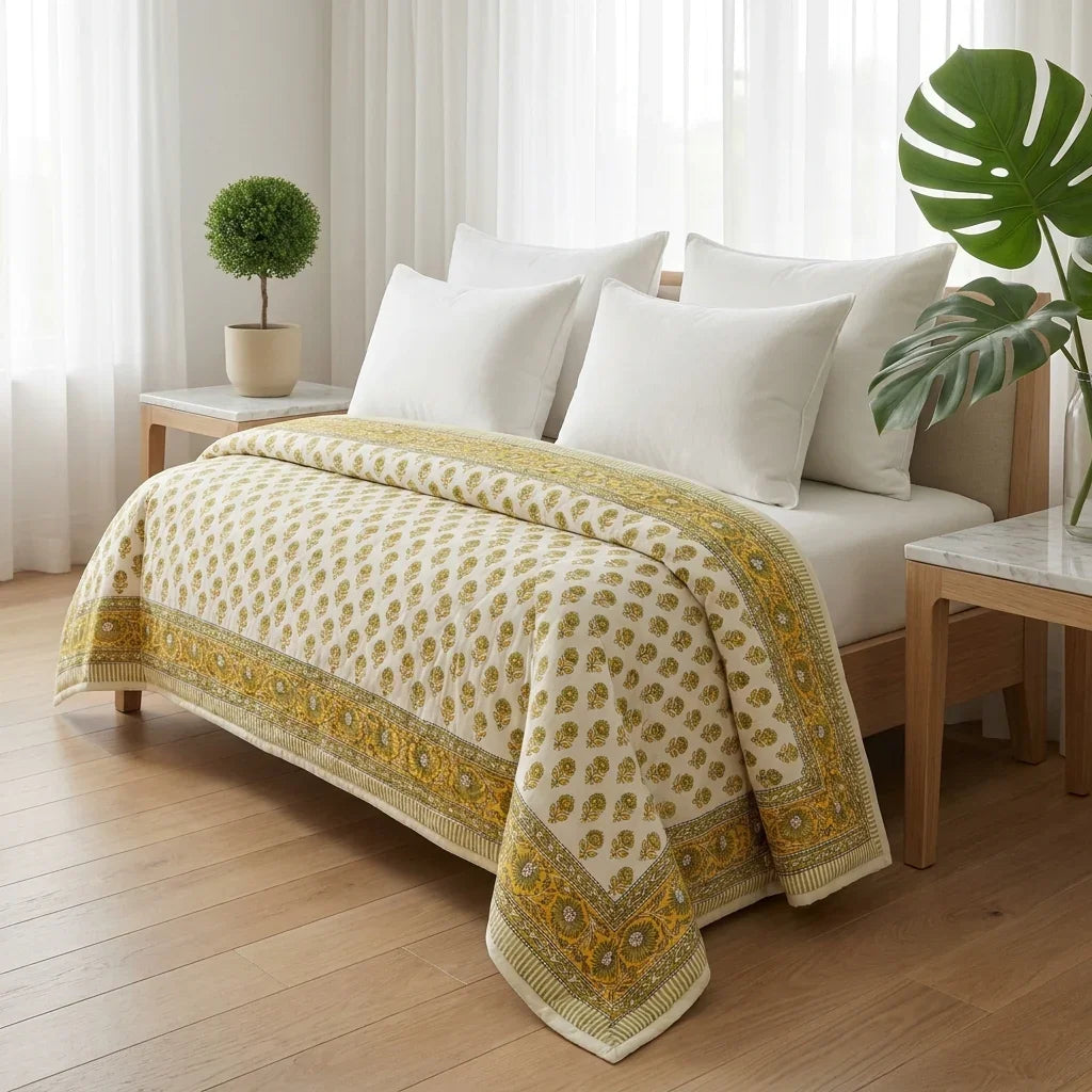 Cream & Mustard Yellow Floral Jaipur Indian Hand Block Print Quilted Comforter