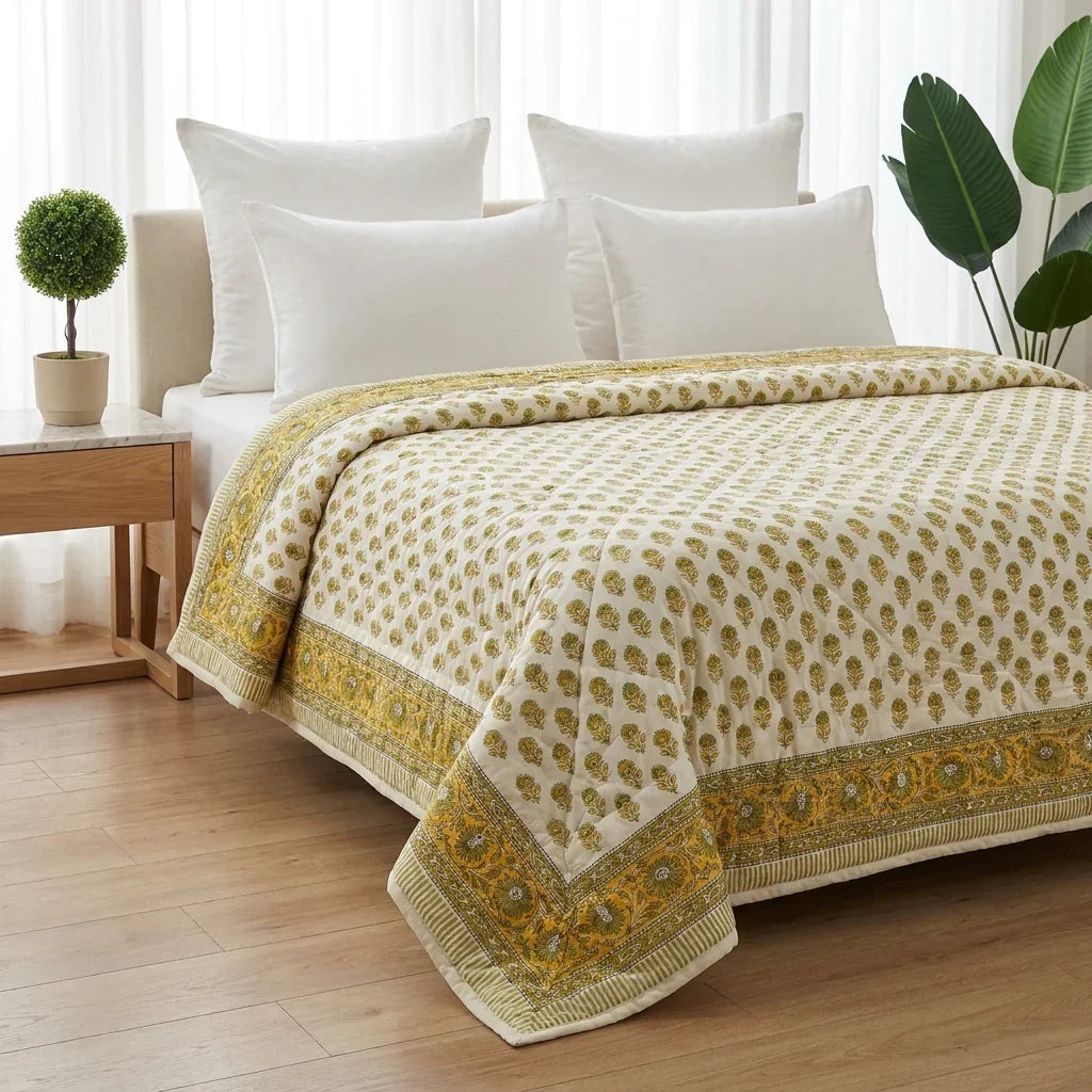 Cream & Mustard Yellow Floral Jaipur Indian Hand Block Print Quilted Comforter