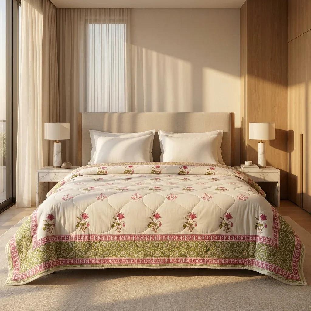 Cream & Deep Rose Olive Floral Jaipur Indian Hand Block Print Quilted Comforter