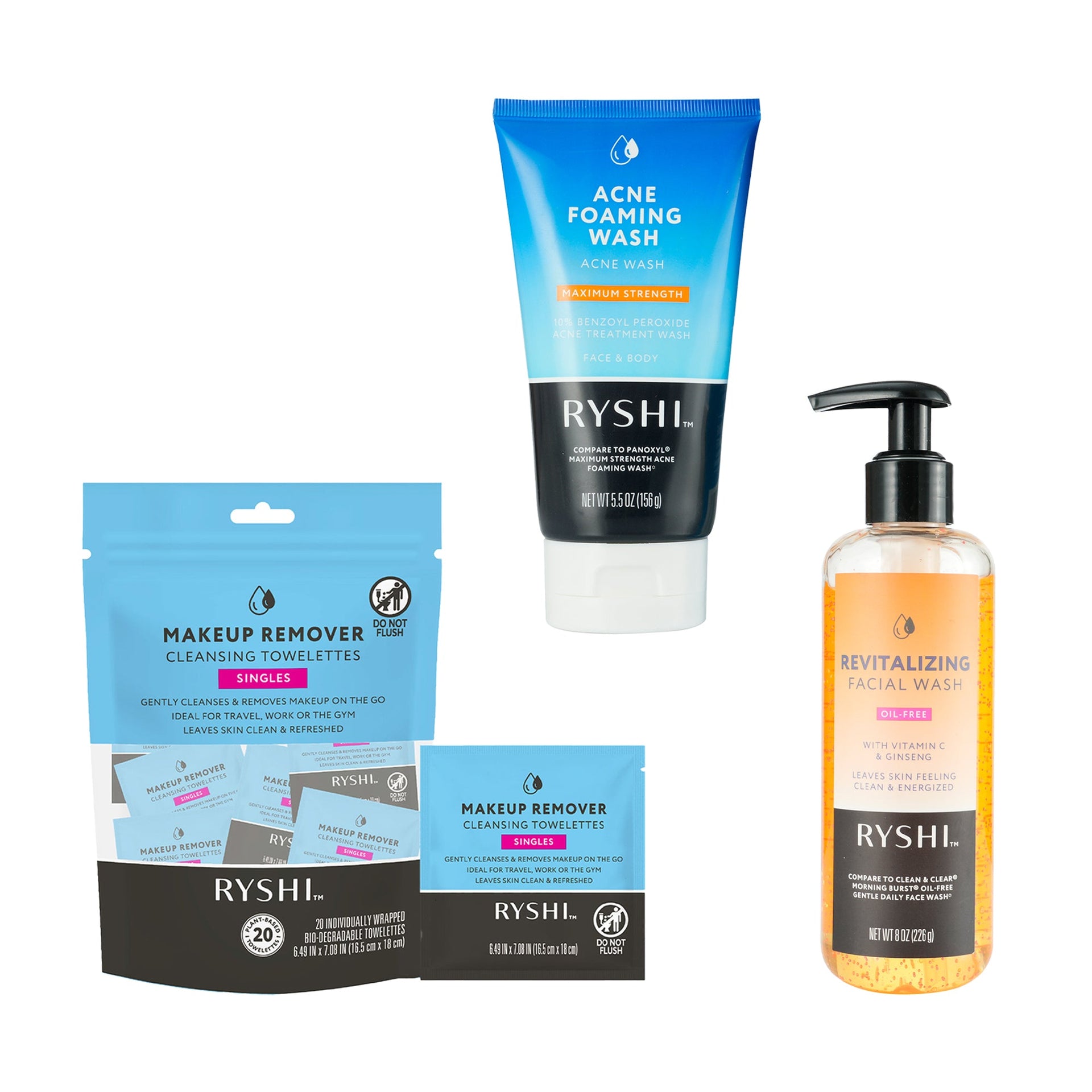 Clear & Glow Skincare Gift Set: Acne Foaming Wash, Revitalizing Facial Wash, and Makeup Remover Cleansing Towelettes