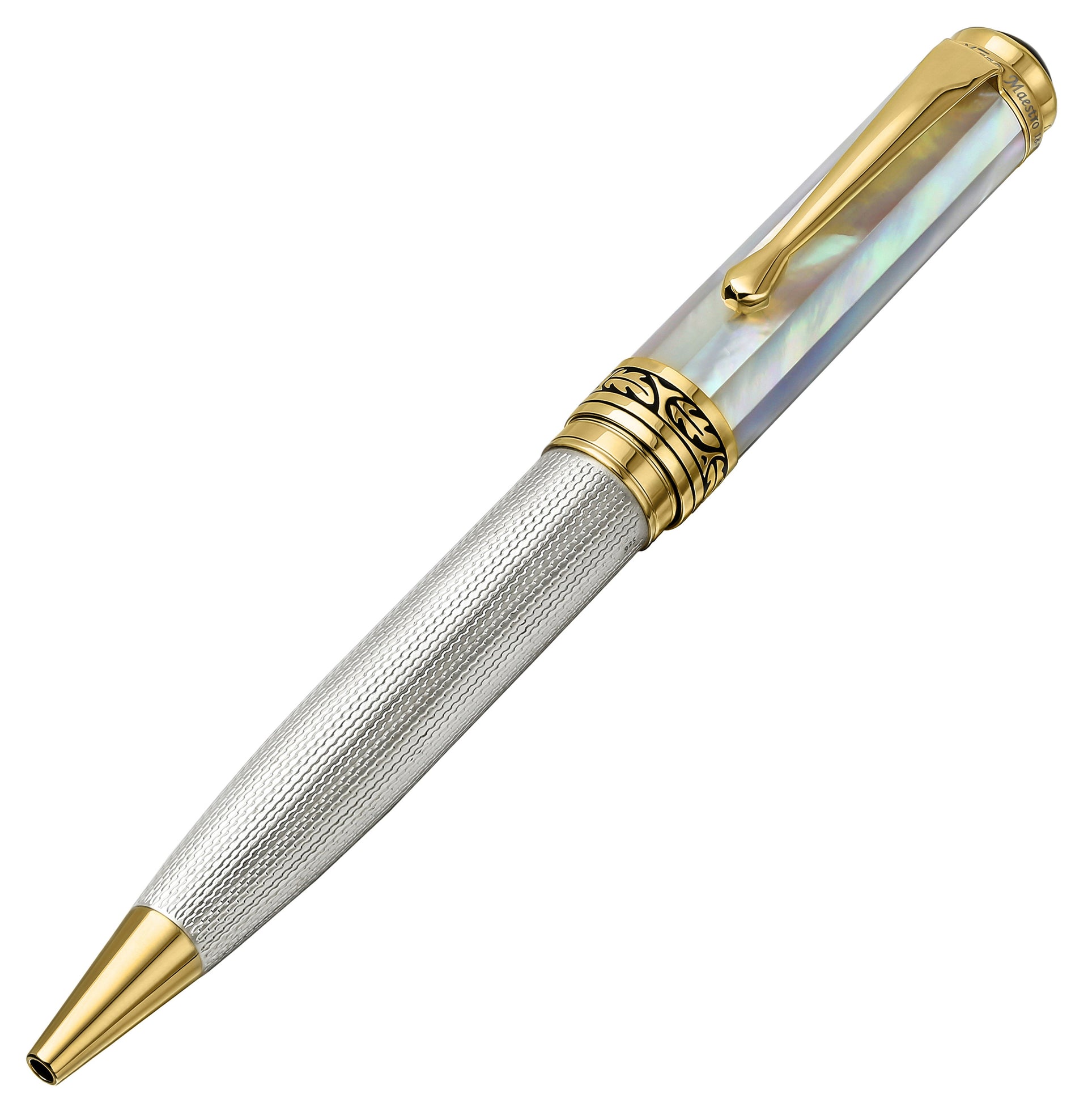Maestro® Oceanic White Mother of Pearl Fountain Pen (Medium Nib) and 925 Sterling Silver Ballpoint Pen Set - 18K Gold Plated