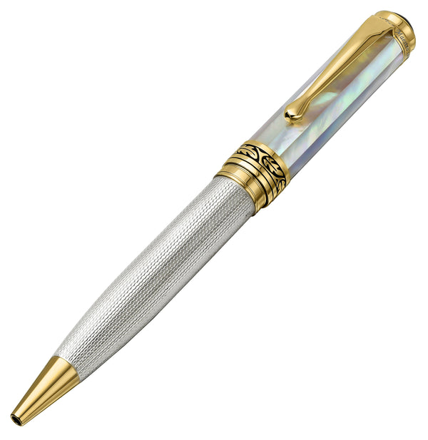 Maestro® Oceanic White Mother of Pearl Fountain Pen (Medium Nib) and 925 Sterling Silver Ballpoint Pen Set - 18K Gold Plated
