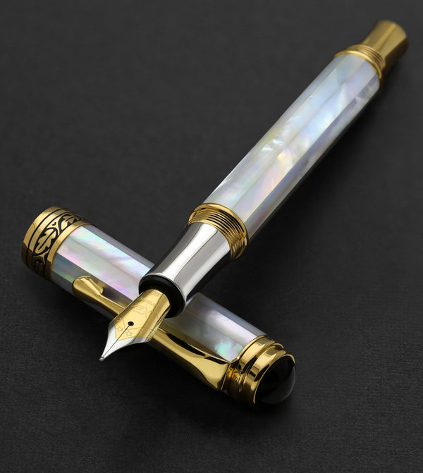 Maestro® Oceanic White Mother of Pearl Fountain Pen (Medium Nib) and 925 Sterling Silver Ballpoint Pen Set - 18K Gold Plated