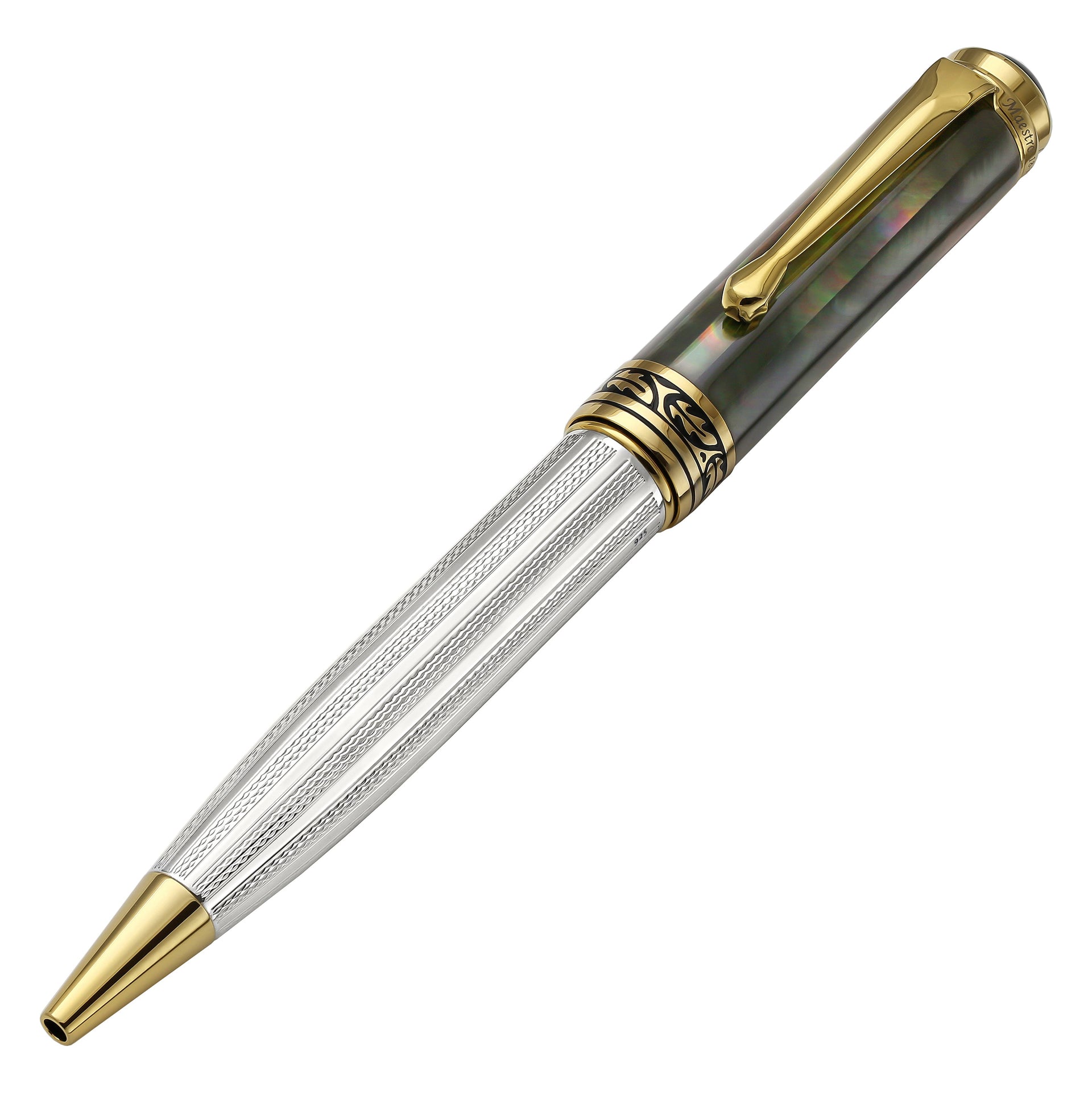 Maestro® 925 Sterling Silver Fountain (Fine Nib) and Ballpoint Pen Set - Tahitian Black Mother of Pearl Cap