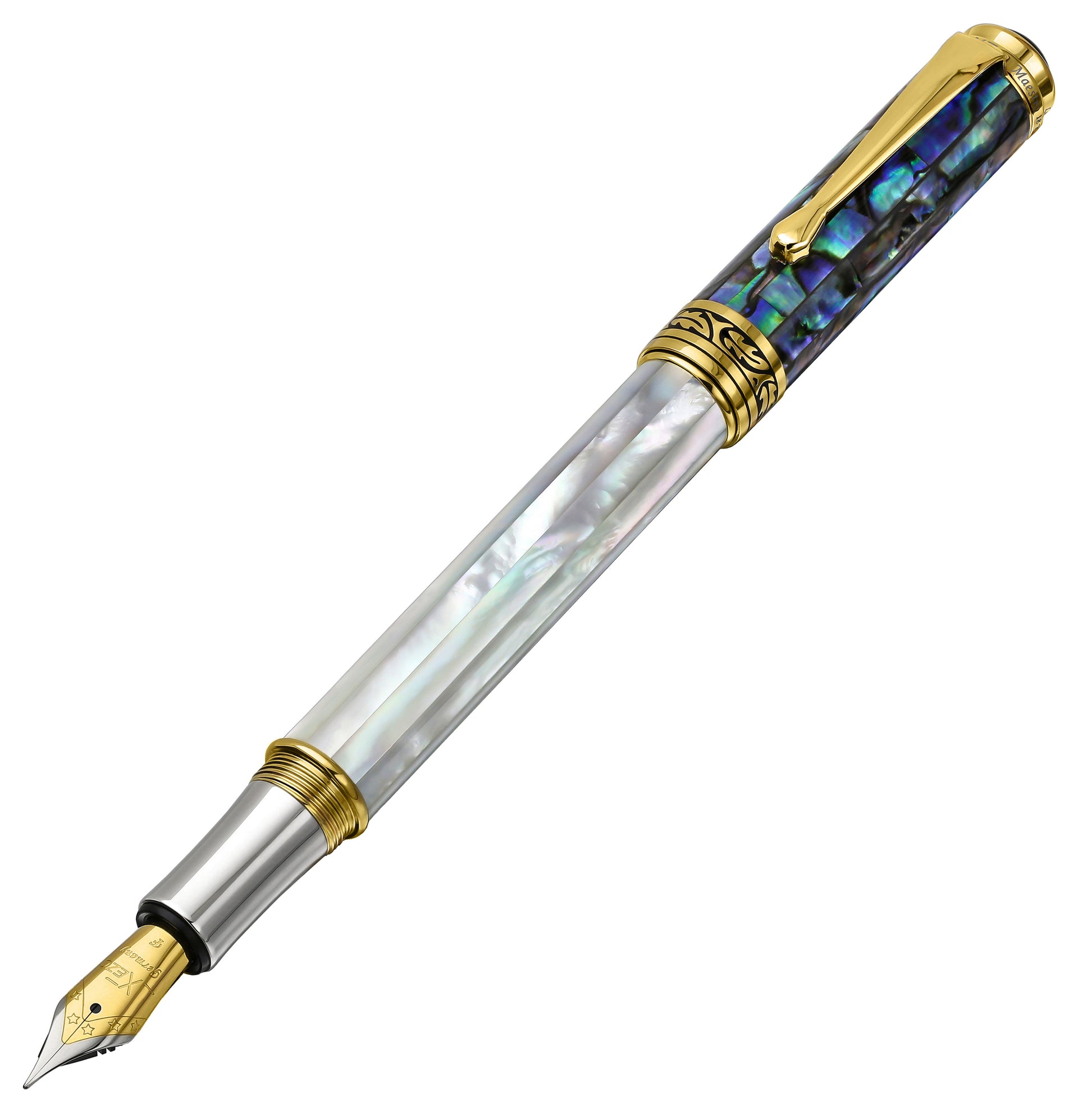 Maestro® 18K Gold Plated Fountain Pen (Fine Nib) and Rollerball Pen Set - Oceanic White Mother of Pearl & Paua Abalone