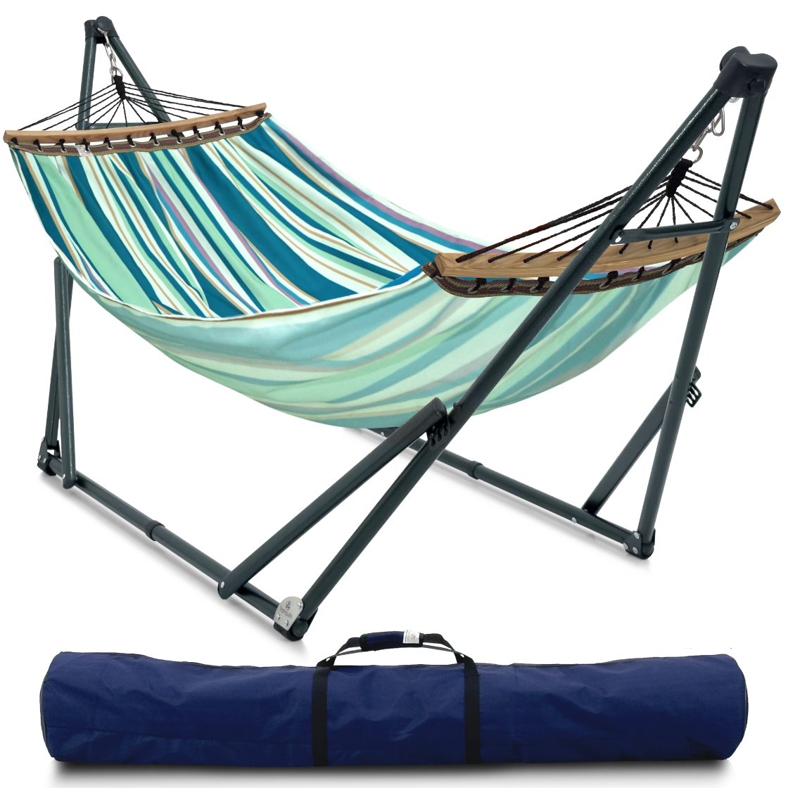 Striped hammock with stand and carrying bag on a white background