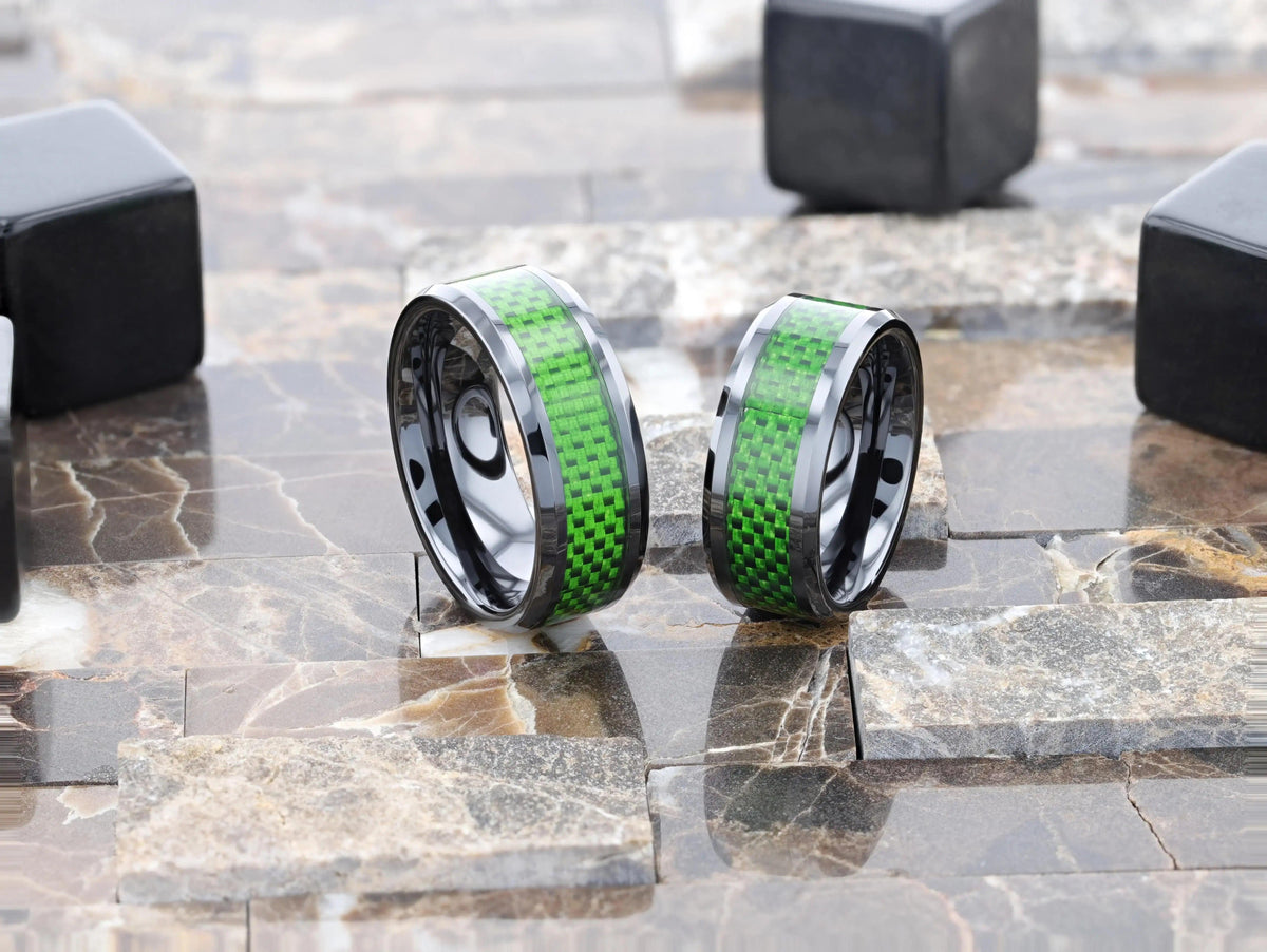 MATLAL Beveled Black Ceramic Ring with Emerald Green Carbon Fiber Inlay - 8mm