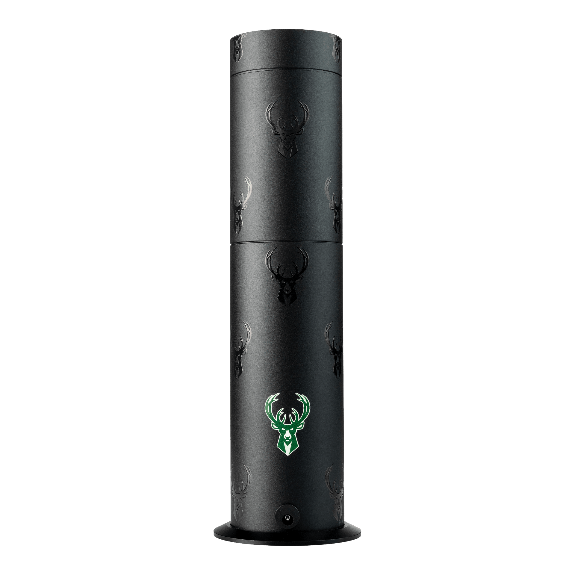 Black cylindrical product with deer head logo on a white background
