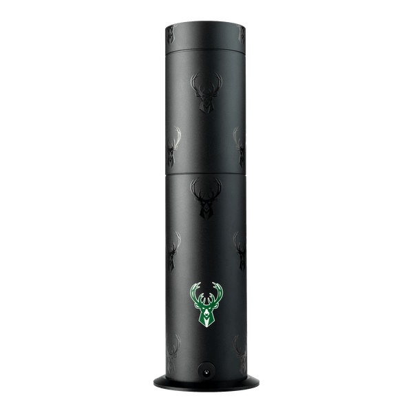 Black cylindrical product with deer head logo on a white background
