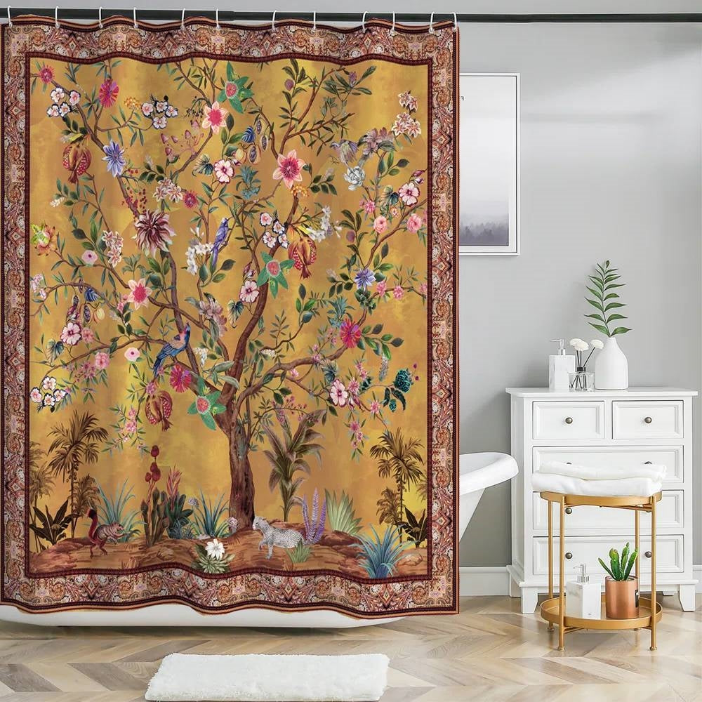 72-inch Brown Red Orange Green Floral Tree Birds Plants Flowers Shower Curtain