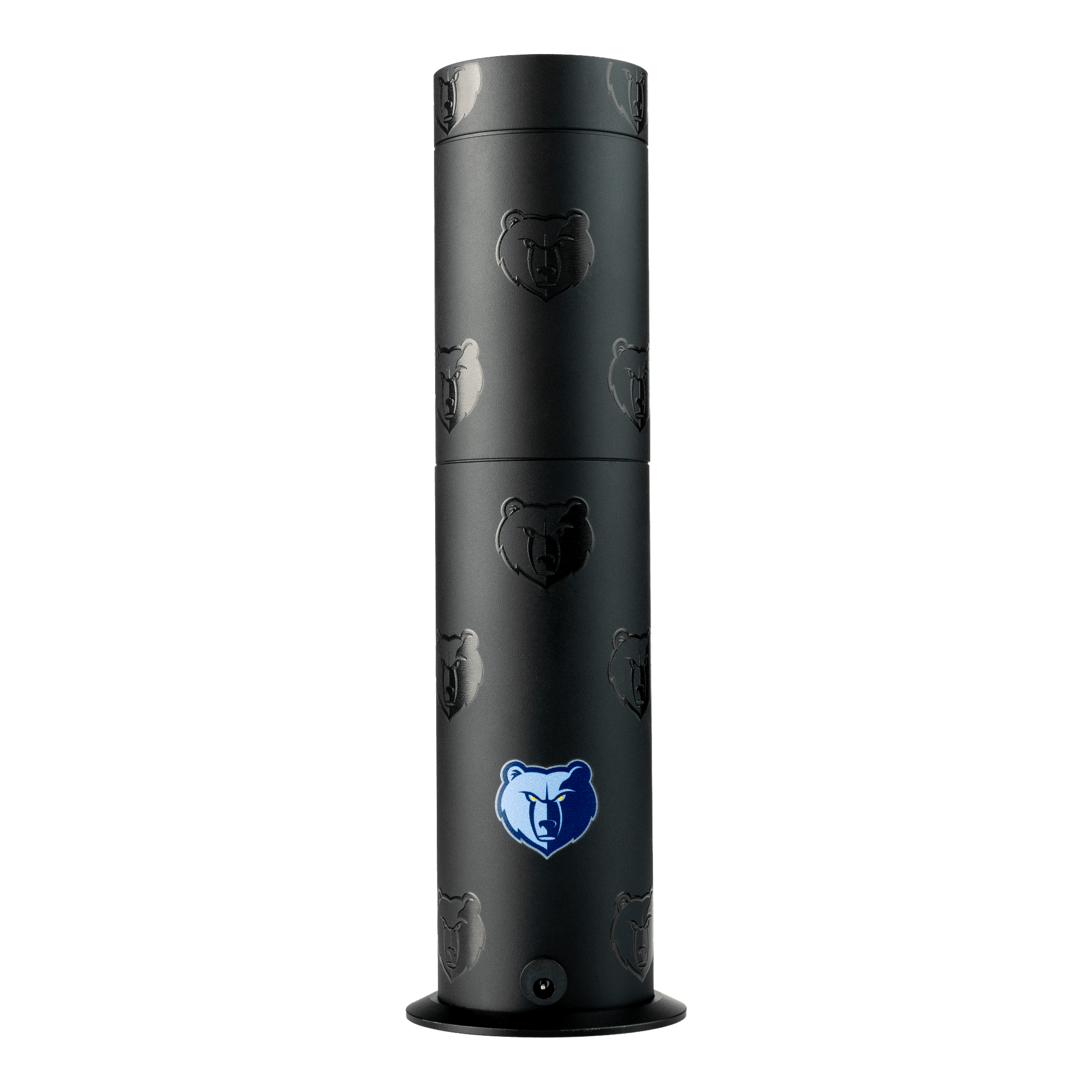 Black cylindrical product with bear logo on a white background