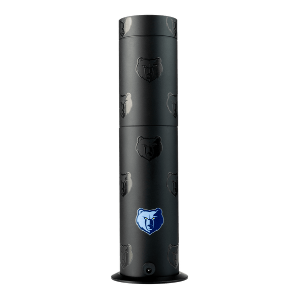 Black cylindrical product with bear logo on a white background