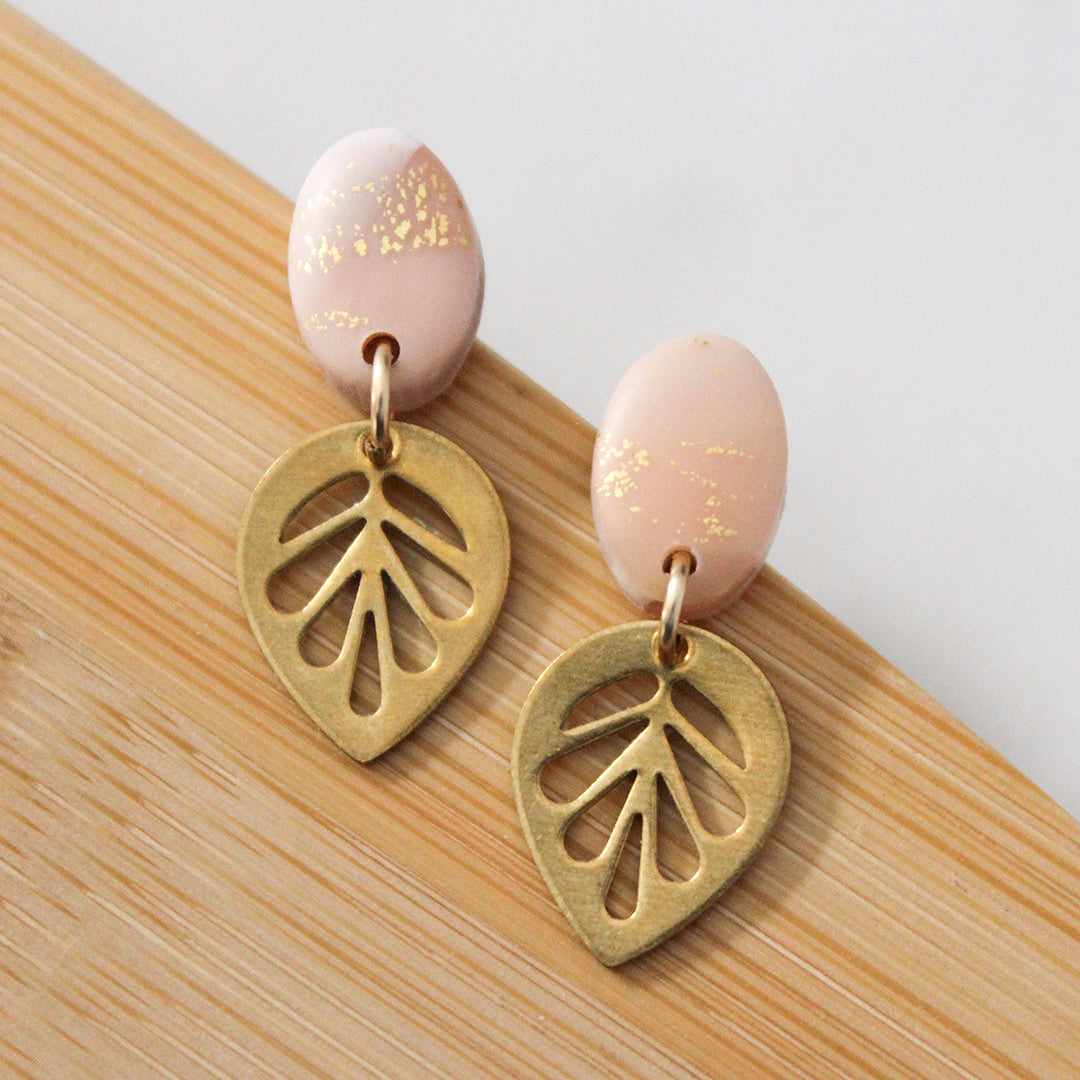 MINI LEAF Stud Dangle Earrings, Rose Quartz and Gold, Polymer Clay with Brass dangles Alma Rosa Jewelry