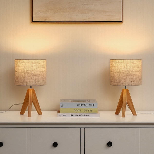 Set of 2 - Solid Wood Tripod Table Lamp with Beige Linen Drum Shade