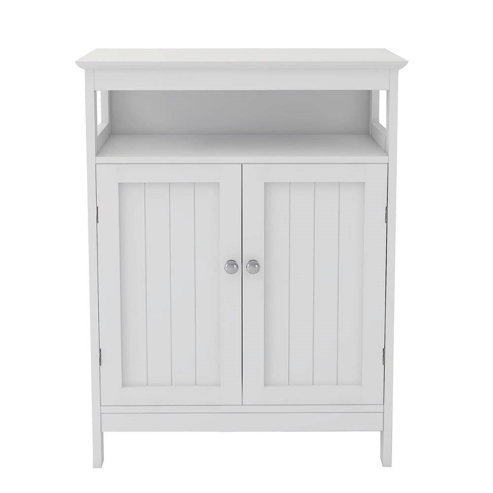 2-Door Bathroom Linen Cabinet with Storage Shelf in White Wood Finish