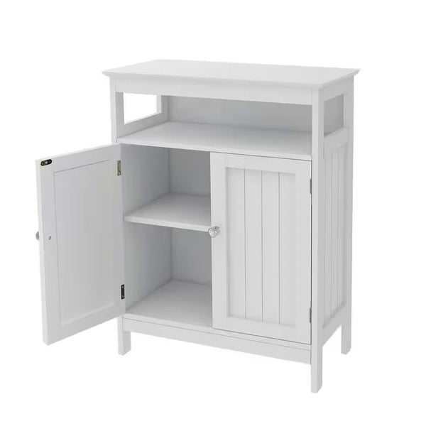 2-Door Bathroom Linen Cabinet with Storage Shelf in White Wood Finish