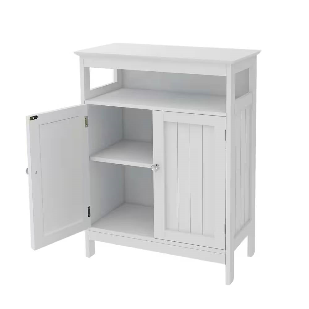 2-Door Bathroom Linen Cabinet with Storage Shelf in White Wood Finish