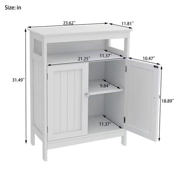 2-Door Bathroom Linen Cabinet with Storage Shelf in White Wood Finish