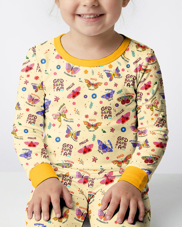 Custom Name God says I am Butterfly Bamboo Two Piece Long Sleeve Pajama Set