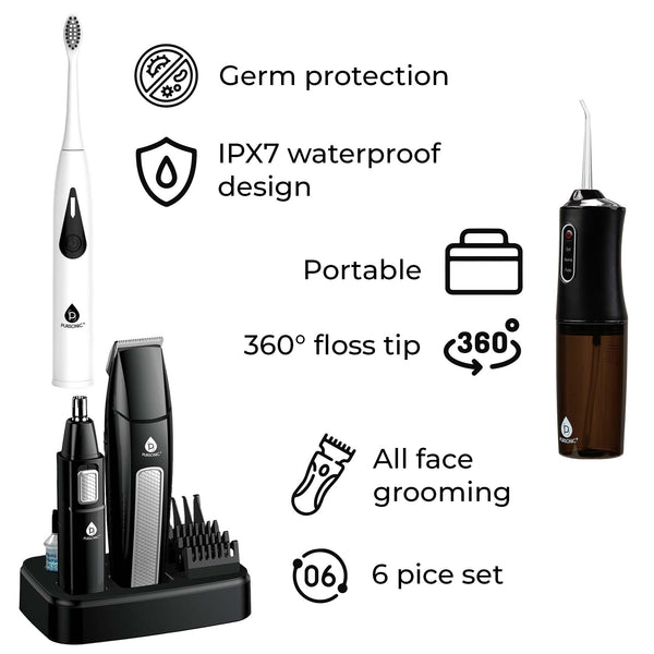 Mario Lopez Ultimate Grooming & Oral Care Bundle: Men's Grooming Kit, Triple-Head Electric Tooth Wizard, and USB Water Flosser