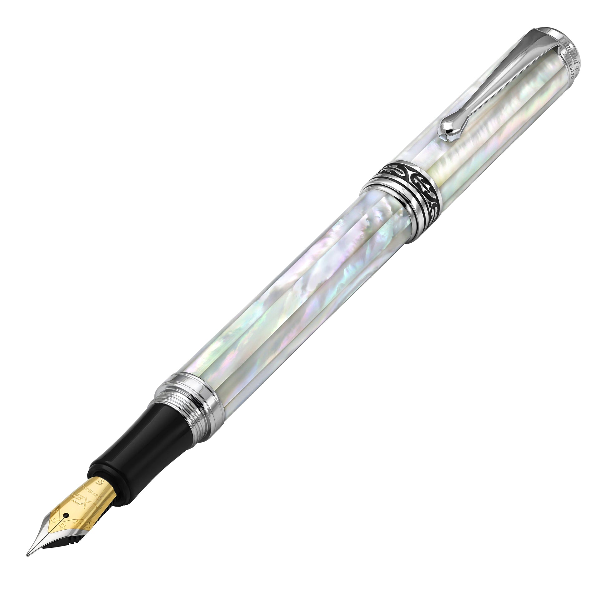 Xezo Maestro® White Mother of Pearl Fountain Pen (Fine Nib) - Chrome Plated