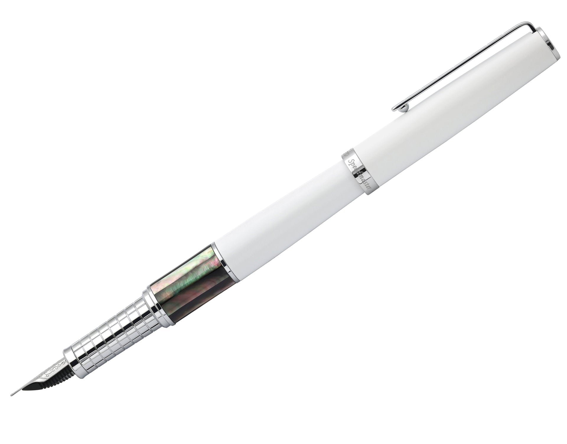 Xezo Speedmaster® White Brass Fountain Pen (Extra Fine Nib) - With Tahitian Black Mother of Pearl