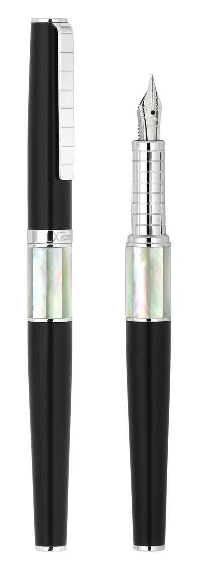 Xezo Speedmaster® Black Brass Fountain Pen (Medium Nib) - With White Mother of Pearl