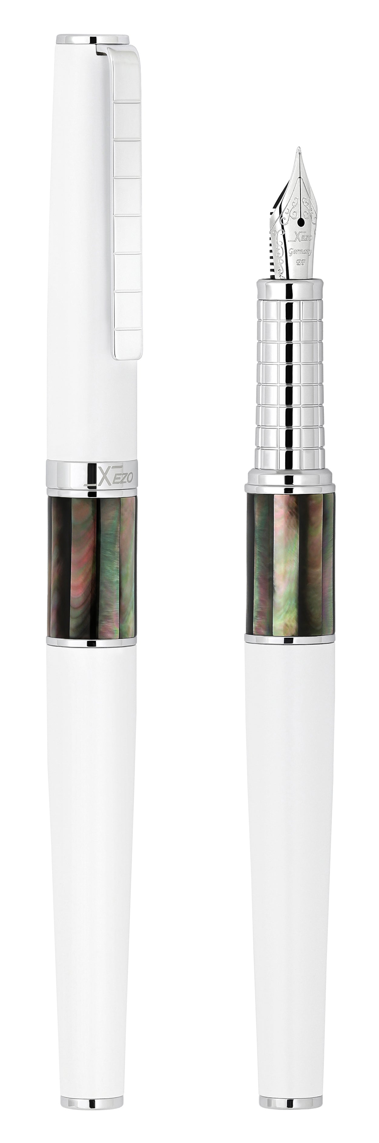 Xezo Speedmaster® White Brass Fountain Pen (Extra Fine Nib) - With Tahitian Black Mother of Pearl