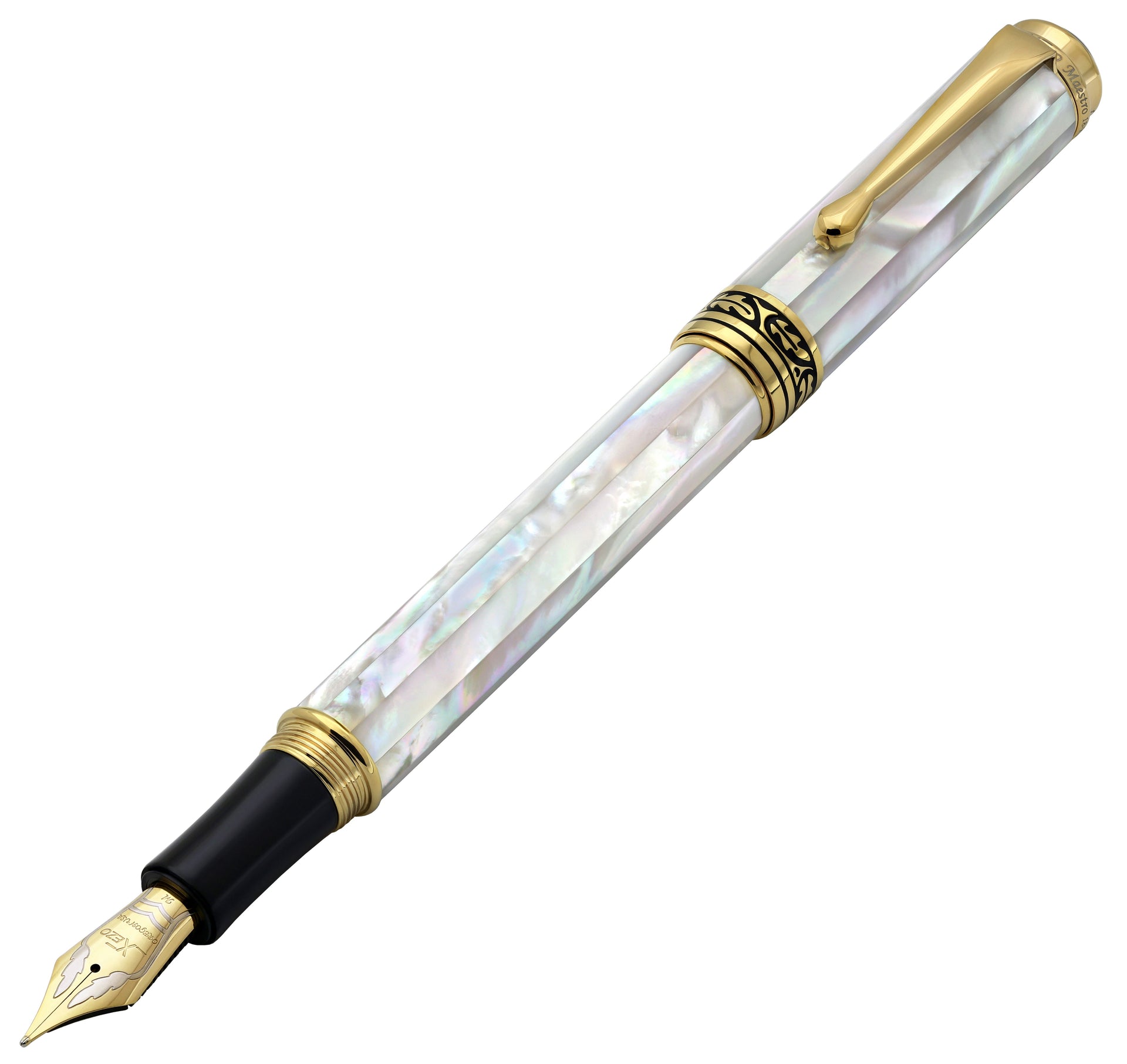 Xezo Maestro® 18K Gold Plated Fountain Pen (Medium-Fine 0.45 mm Nib) - Oceanic White Mother of Pearl