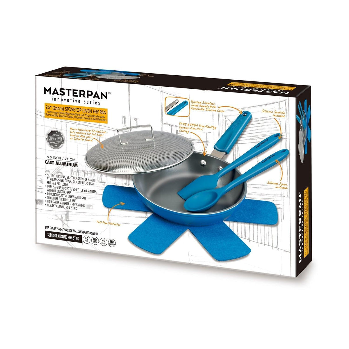 MASTERPAN Ceramic Nonstick Stovetop Oven Frypan & Skillet & Stainless Steel Lid Set, Azure Color 9.5