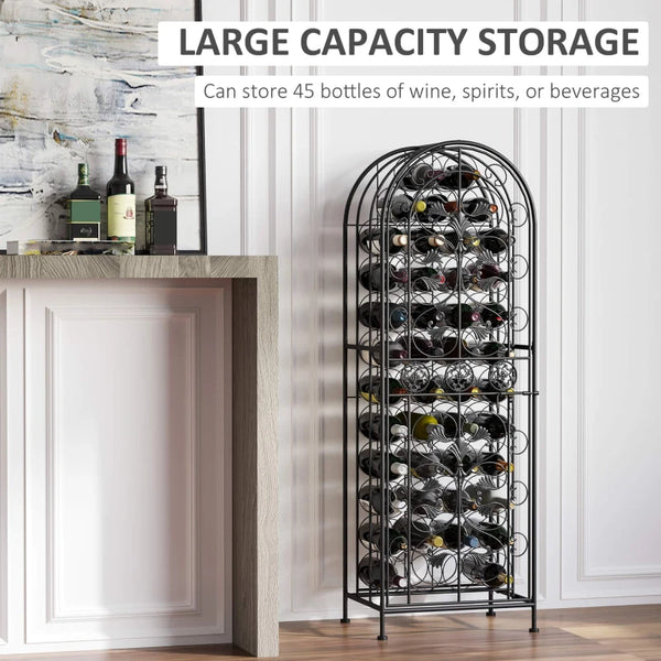 45 Bottle Wrought Iron Wine Rack Jail with Lock - Black