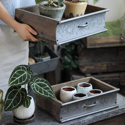 Rustic Wood and Metal Garden Tray Planter