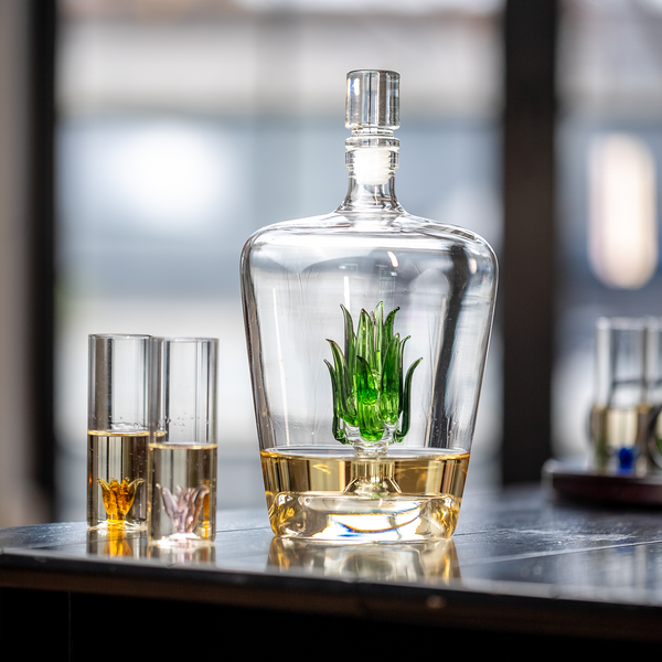 Tequila Decanter Tequila Glasses Set with Agave Decanter and 6 Agave Shot Glass With Stand, Perfect for Gifts for Tequila Lovers, 750mL Bottle, 3 OZ Shot Glass Party Decorations Cinco De Mayo (Agave)