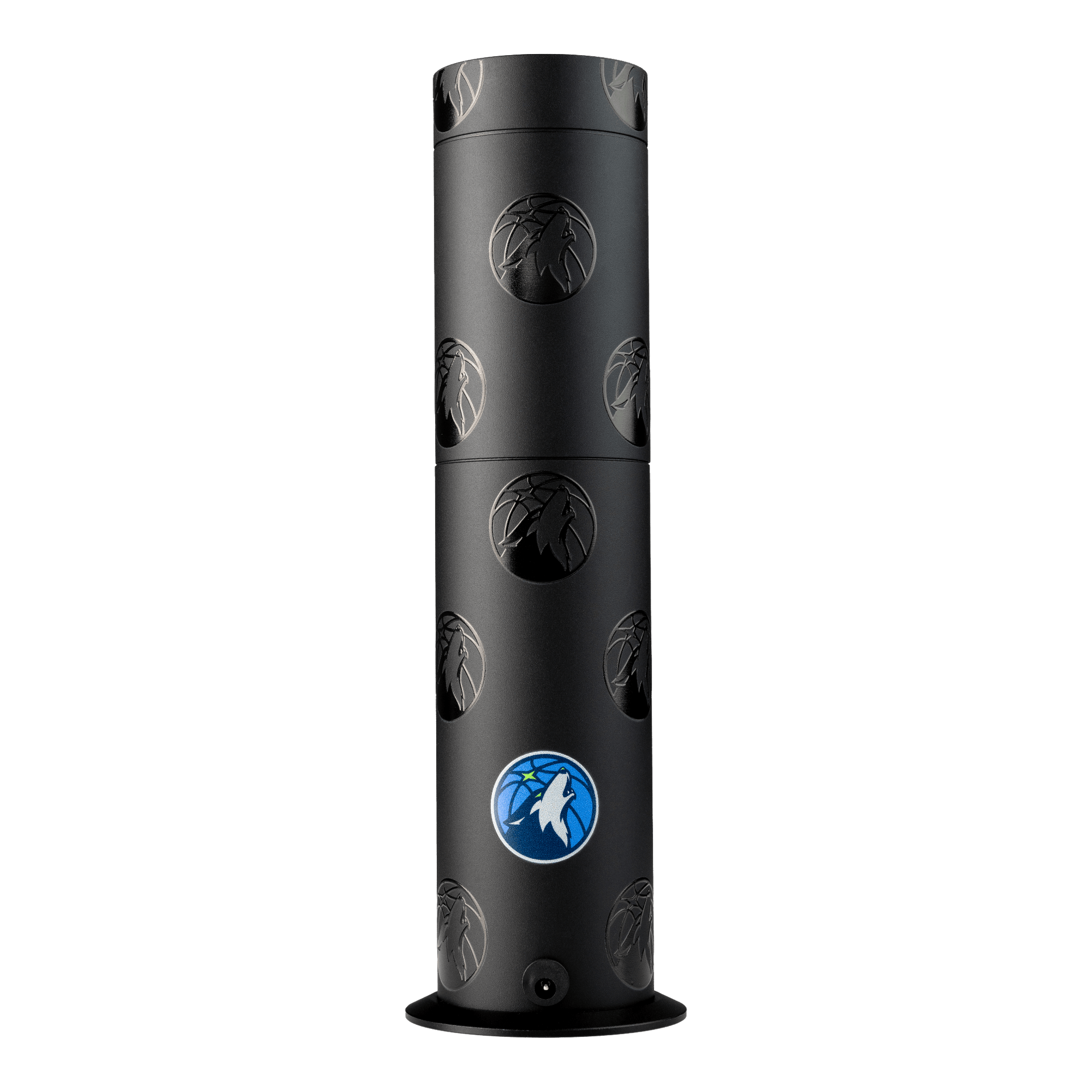 Black cylindrical product with logos on a white background