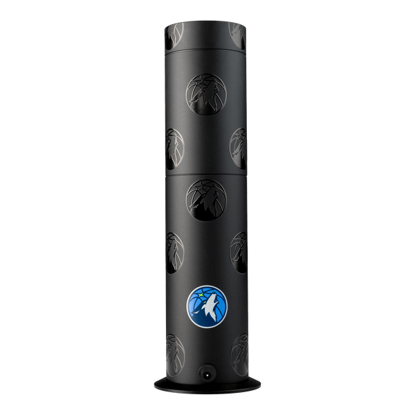 Black cylindrical product with logos on a white background