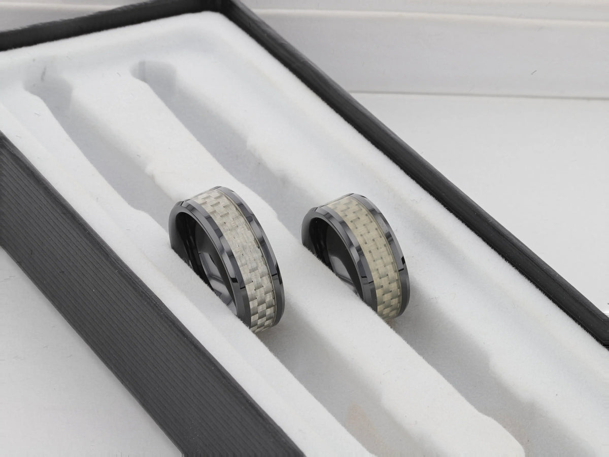 MYSTIQUE Beveled White Carbon Fiber Inlaid Ceramic Ring - 8mm