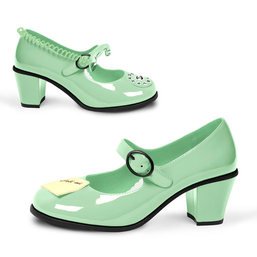 Pair of green shoes with a buckle on a white background