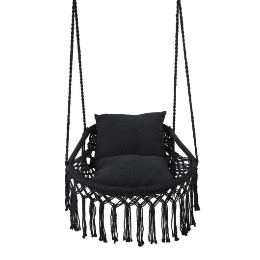 Macrame Swing Chair Hammock Chair with 2 Removable Cushions-Black