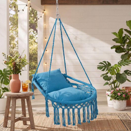 Macrame Swing Chair Hammock Chair with 2 Removable Cushions-Navy