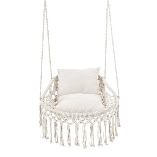 Macrame Swing Chair Hammock Chair with 2 Removable Cushions-Beige