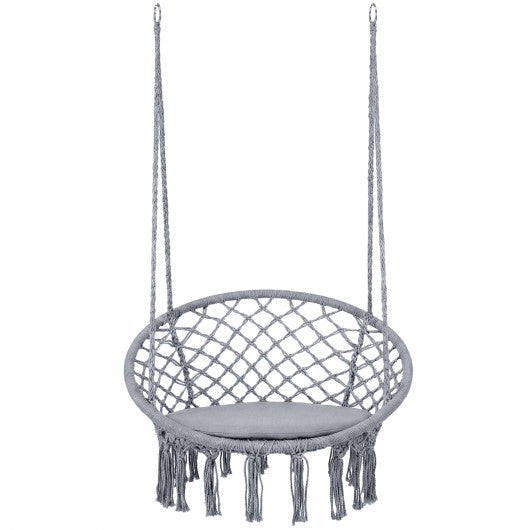 Macrame Swing Chair Hammock Chair with Round Seat Cushion-Grey