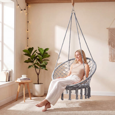 Macrame Swing Chair Hammock Chair with Round Seat Cushion-Grey