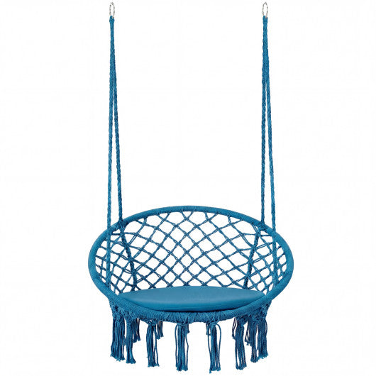 Macrame Swing Chair Hammock Chair with Round Seat Cushion-Blue