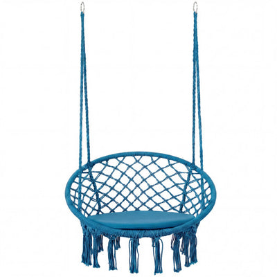 Macrame Swing Chair Hammock Chair with Round Seat Cushion-Blue