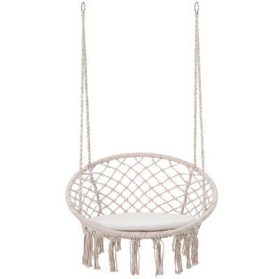 Macrame Swing Chair Hammock Chair with Round Seat Cushion-Beige