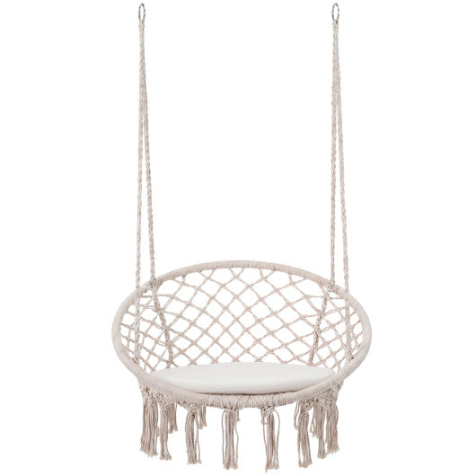 Macrame Swing Chair Hammock Chair with Round Seat Cushion-Beige