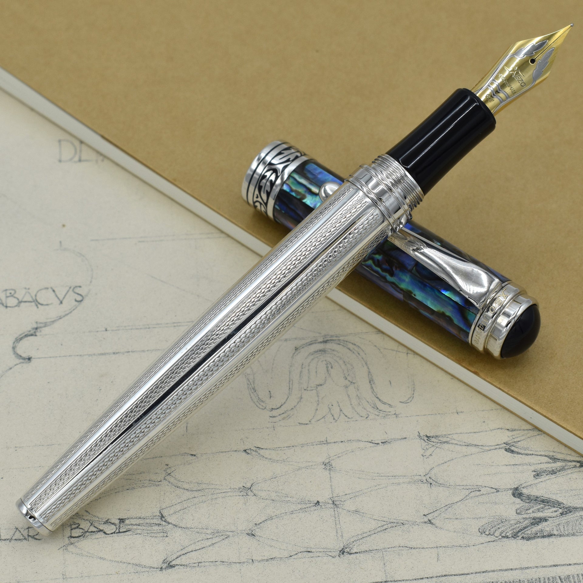 Xezo Maestro® 925 Sterling Silver Fountain Pen (Extra Fine Nib) - Paua Abalone Cap, Platinum Plated