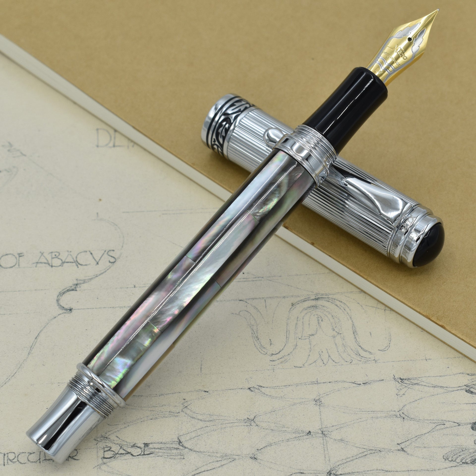 Xezo Maestro® Black Mother of Pearl Fountain Pen (Extra Fine Nib) - Chrome Plated